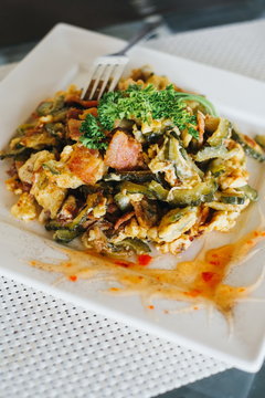 Stir Fried Bitter Melon with Eggs and bacon