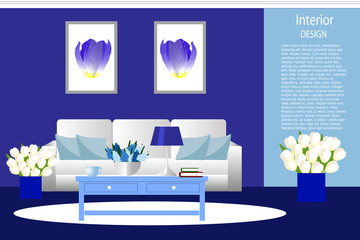 The interior of the living room. Room in a bright blue color, white sofa with cushions, a vase with flowers. Cartoon. Vector.