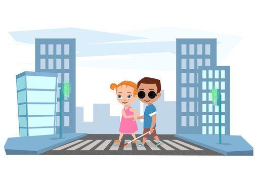 Girl helps a blind boy to cross the road at a traffic light