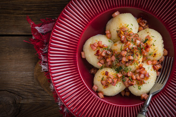 Potato dumplings with bacon.