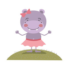 colorful scene sky landscape and grass caricature cute expression hippo in skirt with bow lace vector illustration