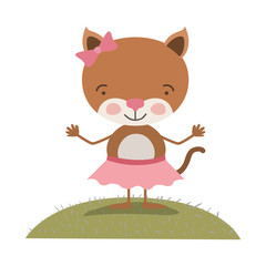 colorful scene sky landscape and grass caricature cute expression kitten in skirt with bow lace vector illustration