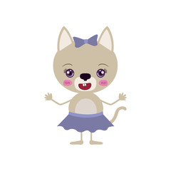 colorful caricature of emotional expression female cat in skirt with bow lace vector illustration