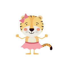 colorful caricature of cute smile expression female tigress in skirt with bow lace vector illustration