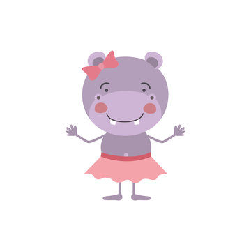 colorful caricature of cute expression female hippo in skirt with bow lace vector illustration