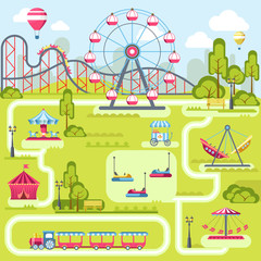 Amusement park attractions vector flat plan template design