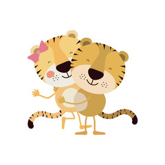 colorful caricature with couple of tigers one carrying the other vector illustration