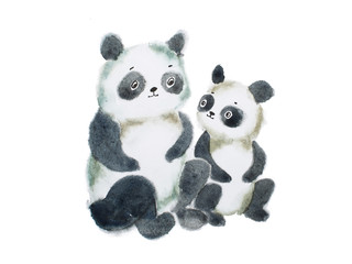 Two cute furry panda bears hand painted with watercolors
