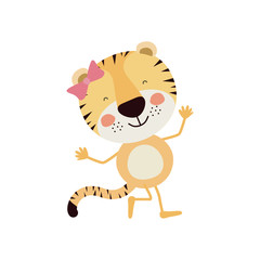 colorful caricature of cute expression female tigress in dance pose with bow lace vector illustration