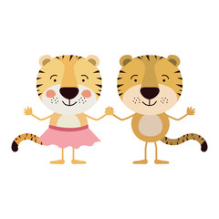 colorful caricature with couple of tigers holding hands vector illustration