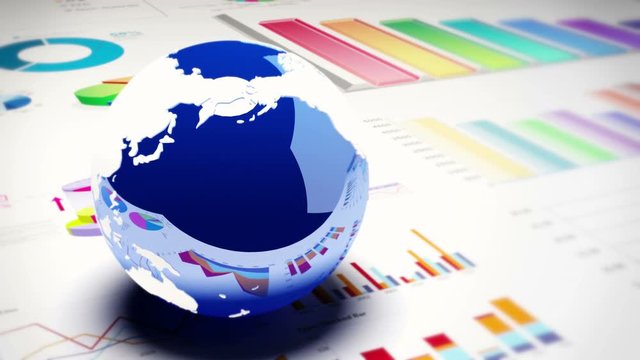 4k,rotating 3d earth model on the finance pie charts & business trend diagrams,global economy.