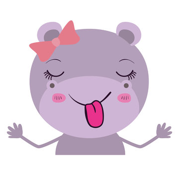 colorful caricature half body of female hippo with bow lace and sticking out tongue vector illustration