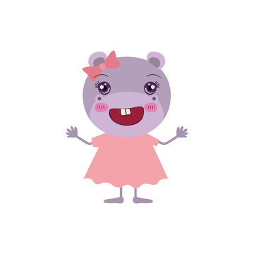 colorful caricature of cute happiness expression female hippo in dress with bow lace vector illustration