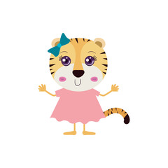 colorful caricature of cute happiness expression female tigress in dress with bow lace vector illustration