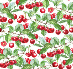 Hand-drawn watercolor seamless pattern with cherries on the white background. Repeated fruit background.