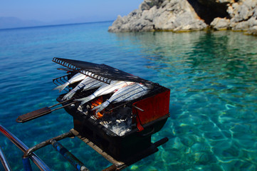Seafood Barbecue grill on sea at a yacht deck, Mugla, Turkey