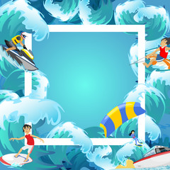 Naklejka premium Set of water extreme sports backgrounds, isolated design elements for summer vacation activity fun concept, cartoon wave surfing, sea beach vector illustration, active lifestyle adventure