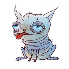 Small ugly bald cartoon dog with big puffy eyes set quite far apart hand drawn with watercolors.