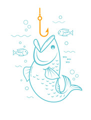 concept of fishing in the form of a fishing hook and a fish with an open mouth. Icon in the linear style