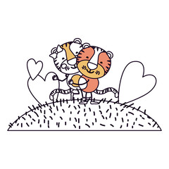 silhouette color sections scene sky landscape and grass with caricature couple of tigers one carrying the other vector illustration