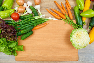 closeup of fresh fruits and vegetables on wooden table, healthy food concept, abstract object and background