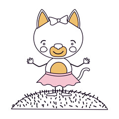 silhouette color sections scene sky landscape and grass with caricature cute expression cat in skirt with bow lace vector illustration