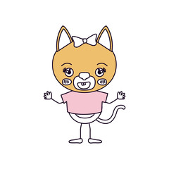 silhouette color sections caricature of cute female cat in blouse with bow lace with happiness expression and smile vector illustration