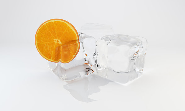 Slice Orange Frozen In Ice Cube. 3d Rendering