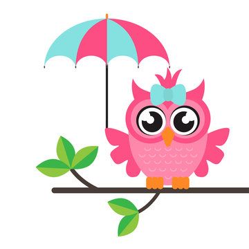 cartoon owl girl with umbrella on a branch