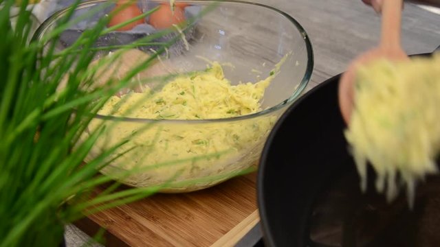 Potato pancakes fry and serving, stock footage