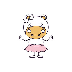 silhouette color sections caricature of cute expression female hippo in skirt with bow lace vector illustration