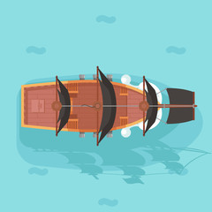 Top view vintage wooden pirate buccaneer filibuster corsair ocean sea dog ship boat sail game icon flat design vector illustration