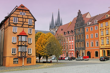 Group of medieval houses on main market square in Cheb, Czech republic. Half-timbered houses.