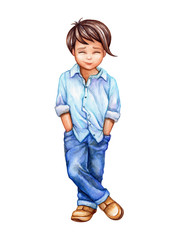 watercolor illustration, cute little boy in blue jeans, schoolboy, teenager, isolated on white background © wacomka