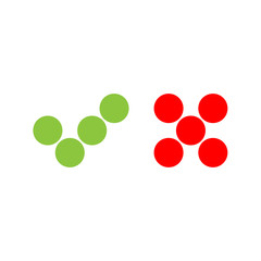 Check mark icons of dots. Green tick and red cross. Flat vector illustration isolated on white background.