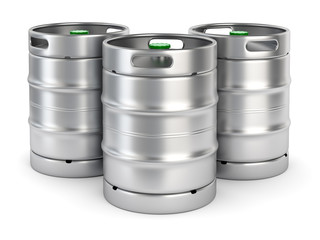 Metal beer kegs on white background