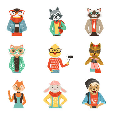 Cute humanized animals in modern and fashionable clothes set of vector Illustrations