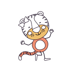 silhouette color sections caricature of cute expression female tigress in dance pose with bow lace vector illustration