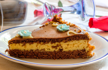 Delicious chocolate cake with cream on a white plate background.