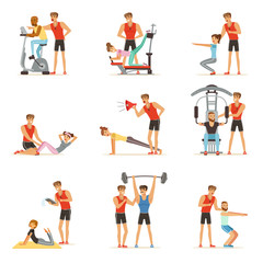 Fototapeta na wymiar Personal gym coach trainer or instructor set, people exercising under control of personal trainer of vector Illustrations