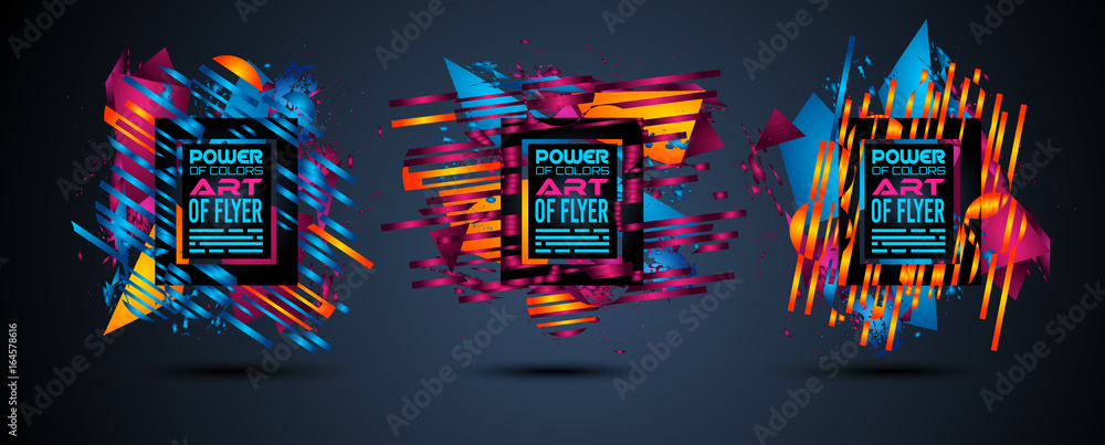 Poster futuristic frame art design with abstract shapes and drops of colors behind