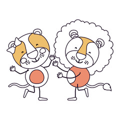 silhouette color sections caricature with couple of lioness and lion dancing vector illustration