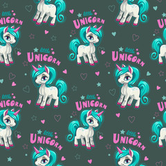 Cute seamless pattern with funny cartoon pony.