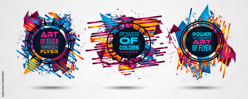 Poster futuristic frame art design with abstract shapes and drops of colors behind