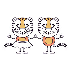 silhouette color sections caricature with couple of tigers holding hands vector illustration