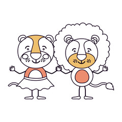 silhouette color sections caricature with couple of lioness holding hands vector illustration