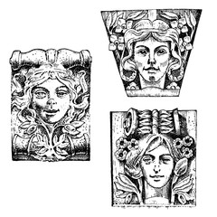 Detail ancient classic building. architectural ornamental elements. showing Tuscan, Doric, Ionic and Roman column. engraved hand drawn in old sketch, vintage and Antique, baroque or gothic style.