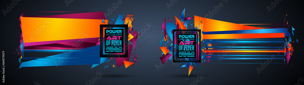 Poster futuristic frame art design with abstract shapes and drops of colors behind