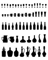 Silhouettes of bowls, bottles, glasses on a white background