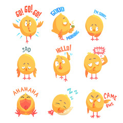 Cute cartoon chickens characters with different emotions and phrases set of vector Illustrations